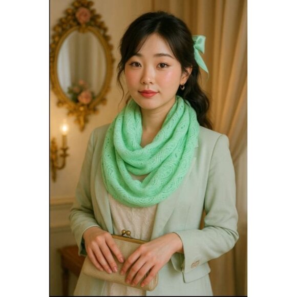 Mint Green Lace Infinity Scarf Lightweight Loop Circle Scarf Eyelet Boho Chic - Picture 10 of 10